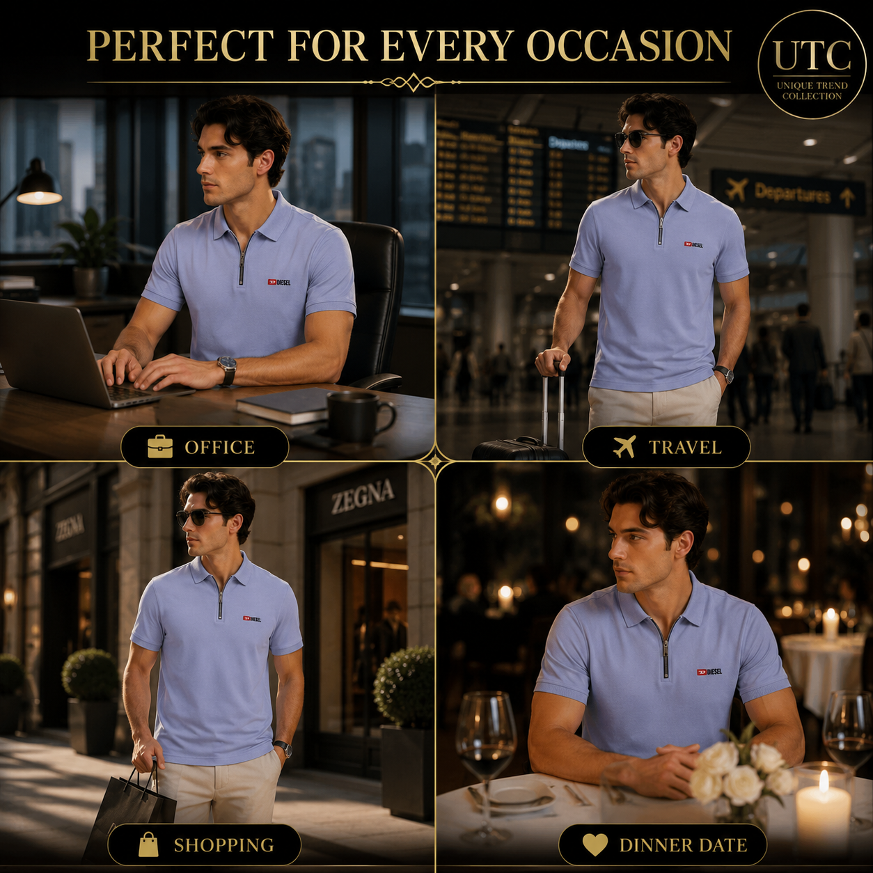 Diesel Men's Premium Light Blue Zip Polo Shirt | Soft Cotton Short Sleeve Casual Polo