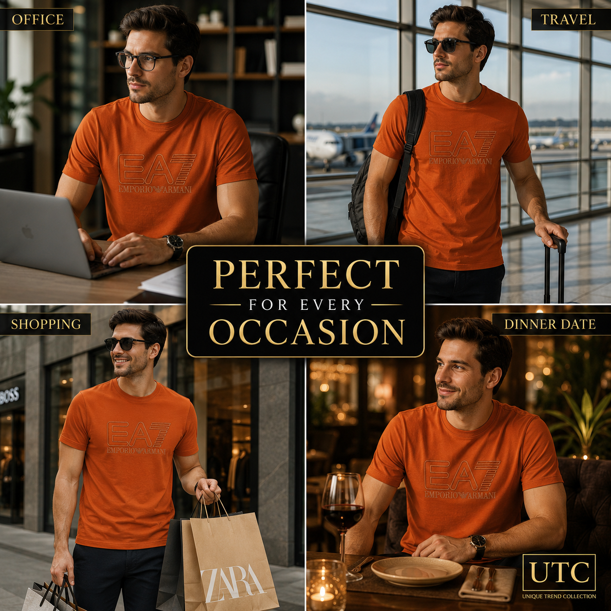 🧡 EA7 Emporio Armani Men's Premium Logo T-Shirt | Orange Cotton Crew Neck