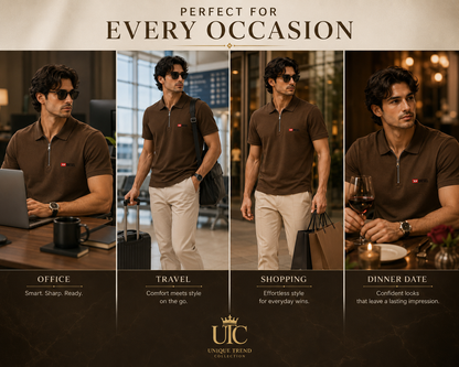 Premium Men's Coffee Brown Quarter-Zip Polo Shirt | Soft Cotton Blend Casual Polo