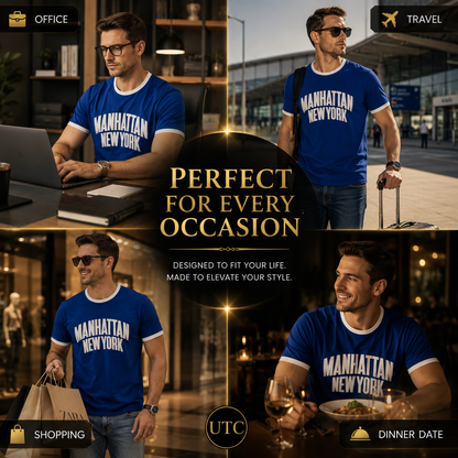 🔵✨ Premium Men's Royal Blue Crew Neck T-Shirt | Manhattan Graphic | Soft Cotton Blend ✨