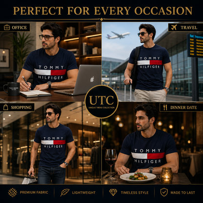💙 Tommy Hilfiger Men's Flag Logo T-Shirt | Navy Blue Premium Cotton Crew Neck