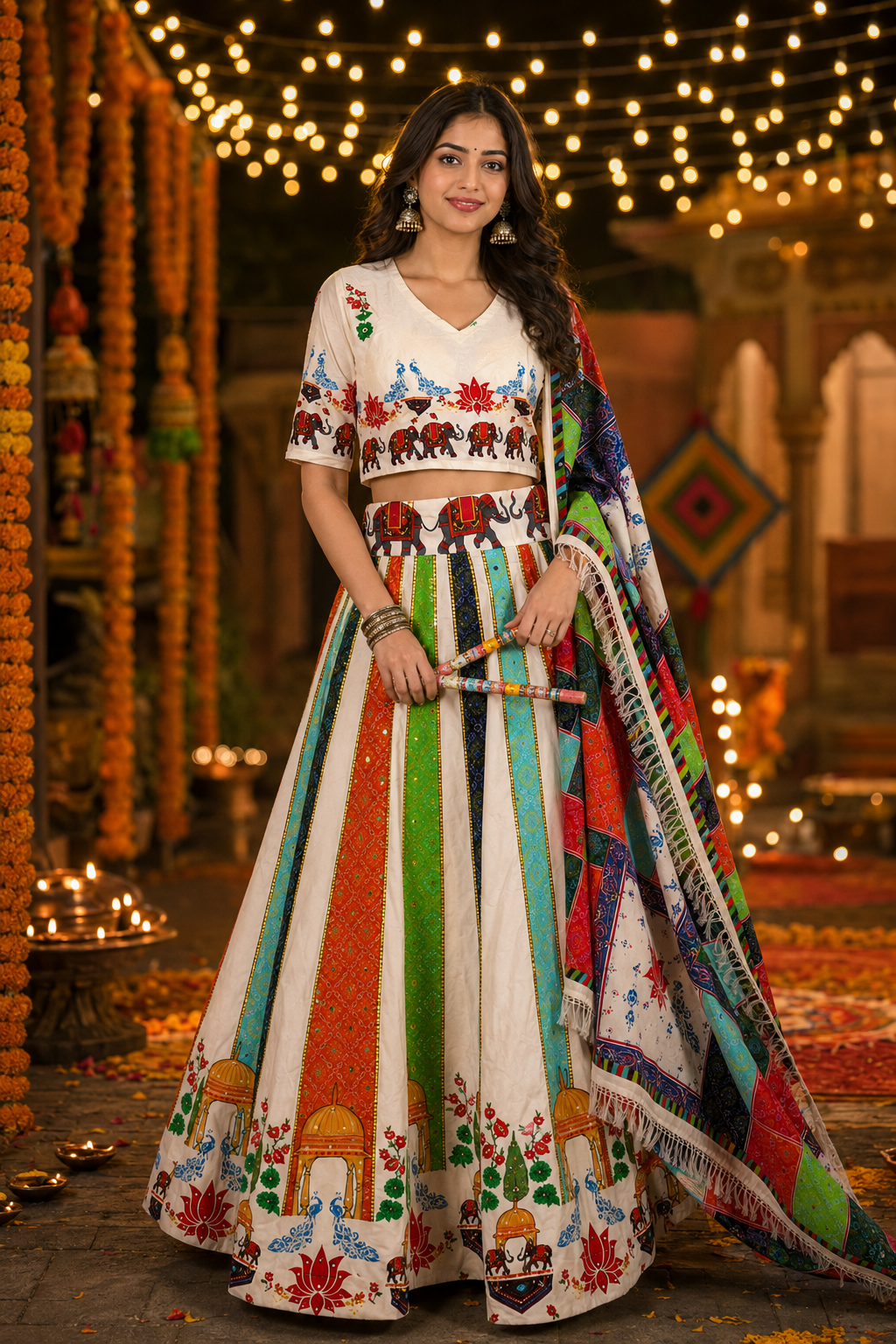 Women’s White Multicolour Navratri Garba Chaniya Choli Set – 3 Piece
