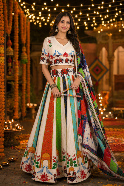 Women’s White Multicolour Navratri Garba Chaniya Choli Set – 3 Piece