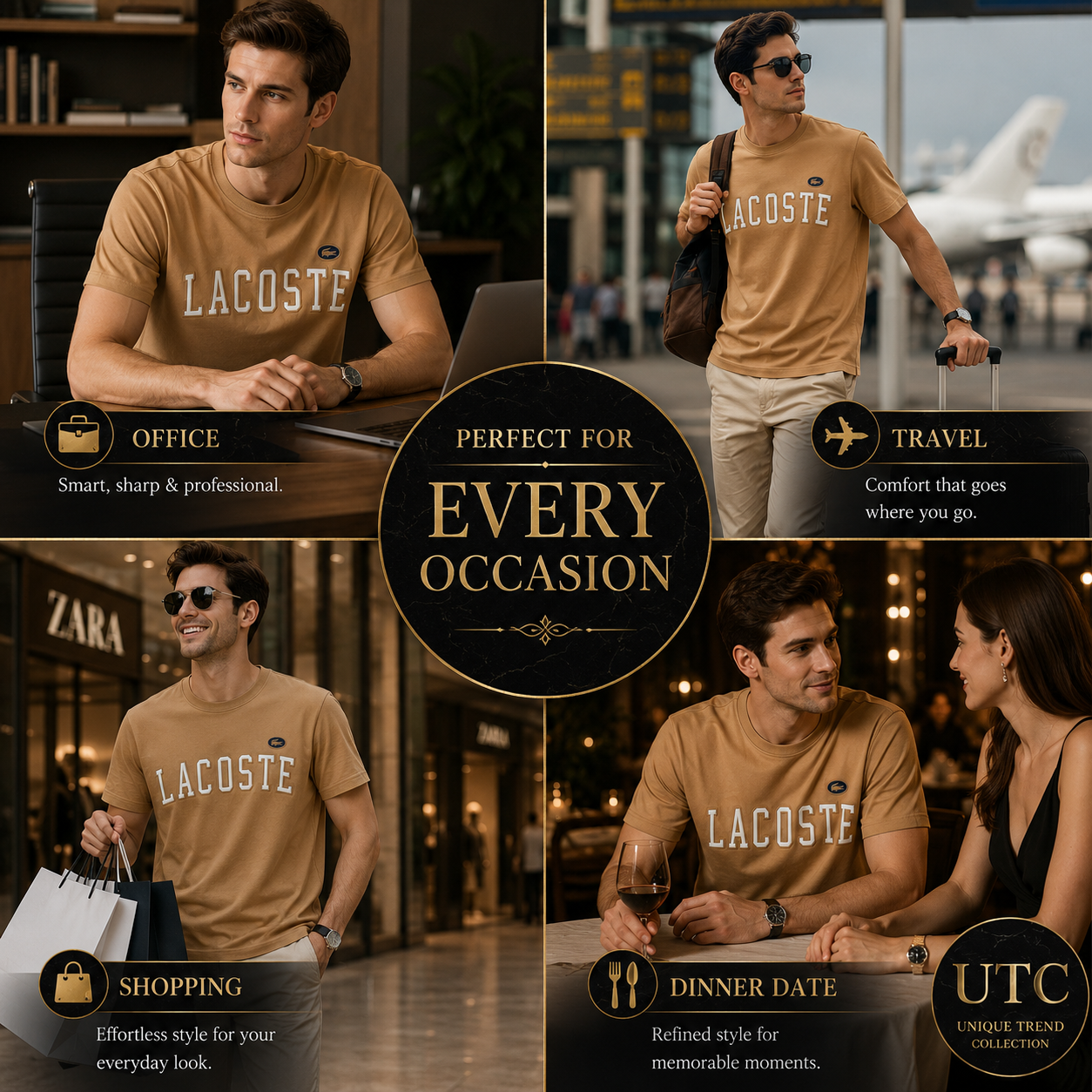 Lacoste Men's Logo Crew Neck T-Shirt – Camel | Premium Cotton Casual Tee