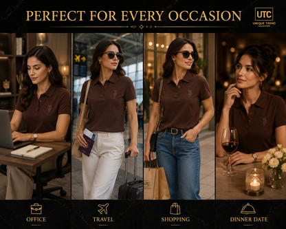 Women’s Premium Brown Embroidered Polo T-Shirt – Classic Short Sleeve