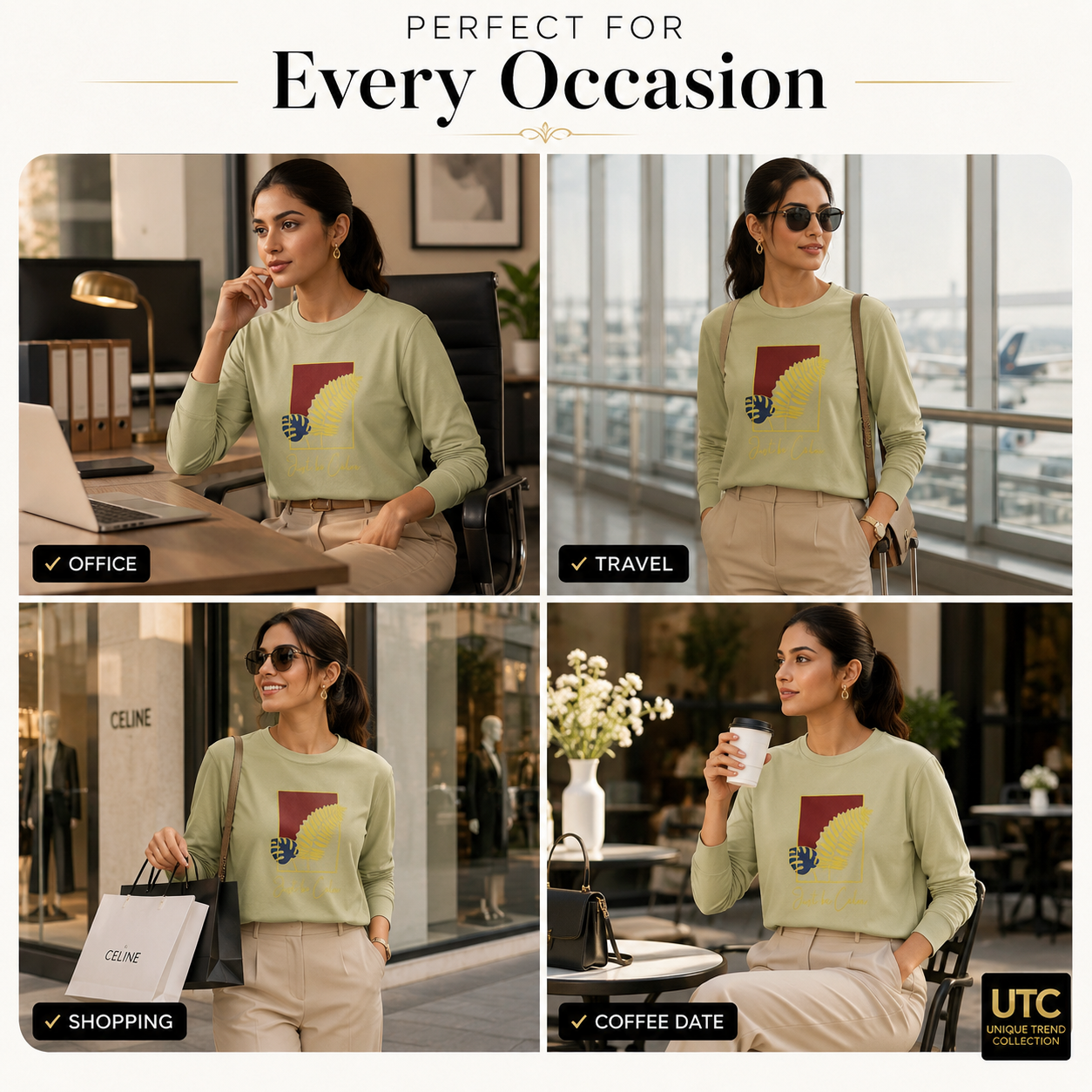 Formal Girl Women’s Oversized Sage Green Long Sleeve Graphic T-Shirt – Just Be Calm