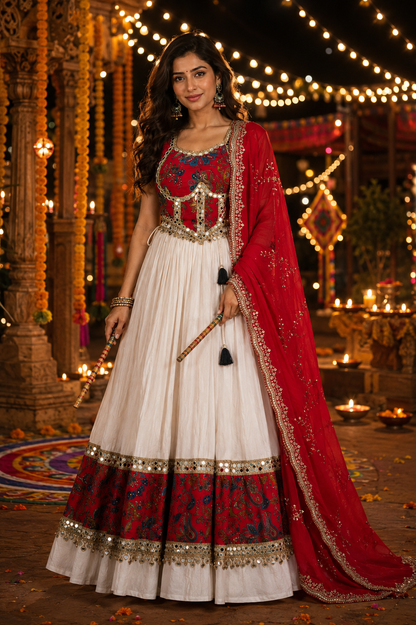 Women’s Red & White Navratri Lehenga Choli Set with Red Dupatta – 3 Piece