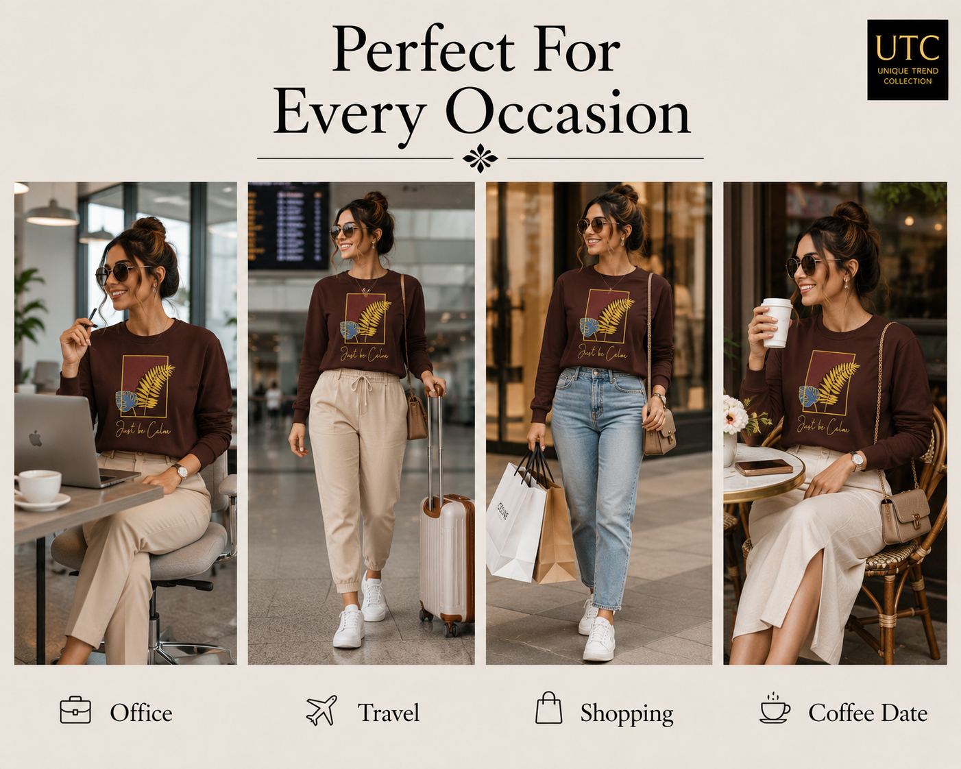 Formal Girl Women’s Oversized Chocolate Brown Long Sleeve Graphic T-Shirt – Just Be Calm