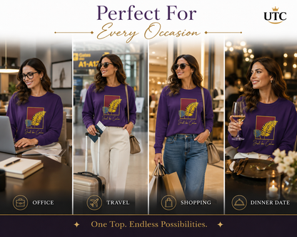 Women's Premium Oversized Long Sleeve Graphic Cotton T-Shirt – Purple | Just Be Calm Casual Crew Neck Tee