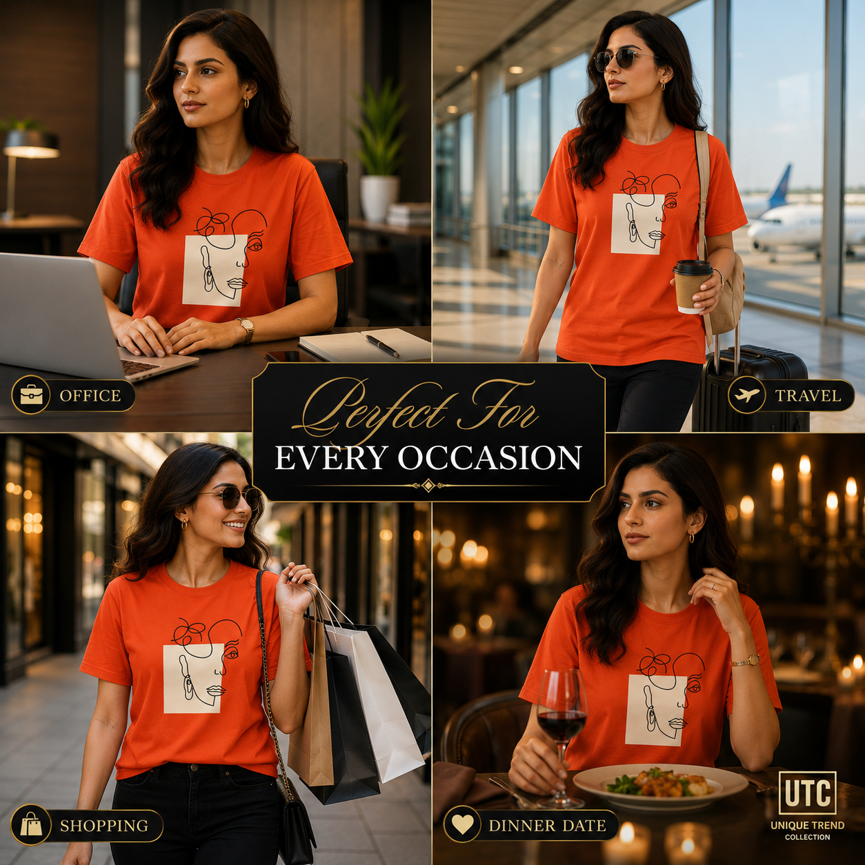Formal Girl Women’s Orange Graphic T-Shirt – Abstract Face Print Crew Neck Tee