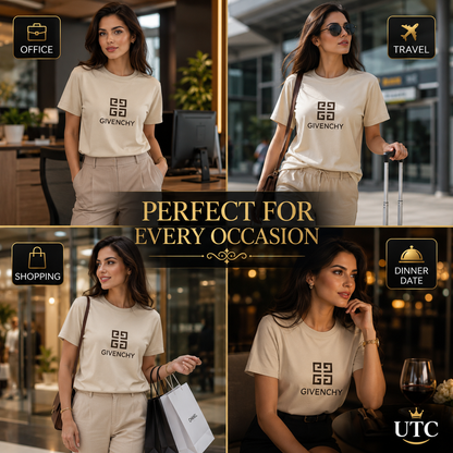 Givenchy Women's Premium Beige Logo Cotton T-Shirt | Luxury Short Sleeve Crew Neck Casual Tee