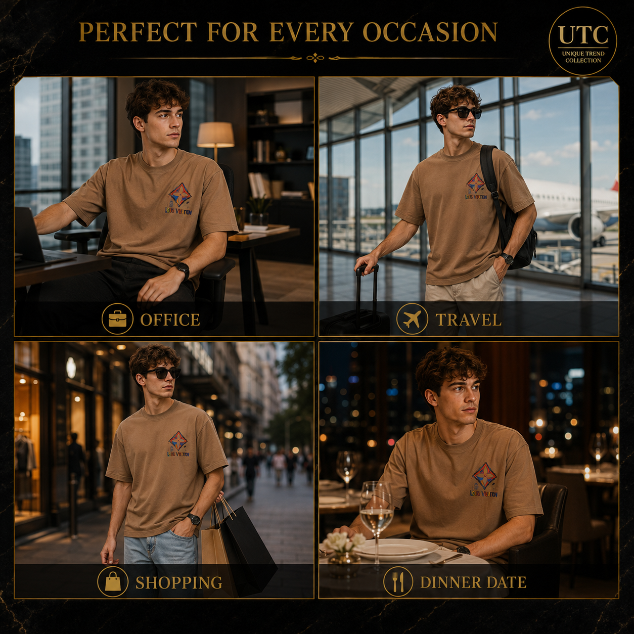 Louis Vuitton Men's Premium Cotton Short Sleeve T-Shirt | Luxury Casual Crew Neck | Camel Brown