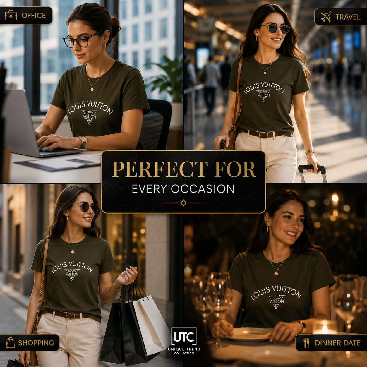Louis Vuitton Women's Premium Olive Green Logo Cotton T-Shirt | Luxury Short Sleeve Crew Neck Casual Tee
