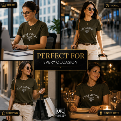 Louis Vuitton Women's Premium Olive Green Logo Cotton T-Shirt | Luxury Short Sleeve Crew Neck Casual Tee