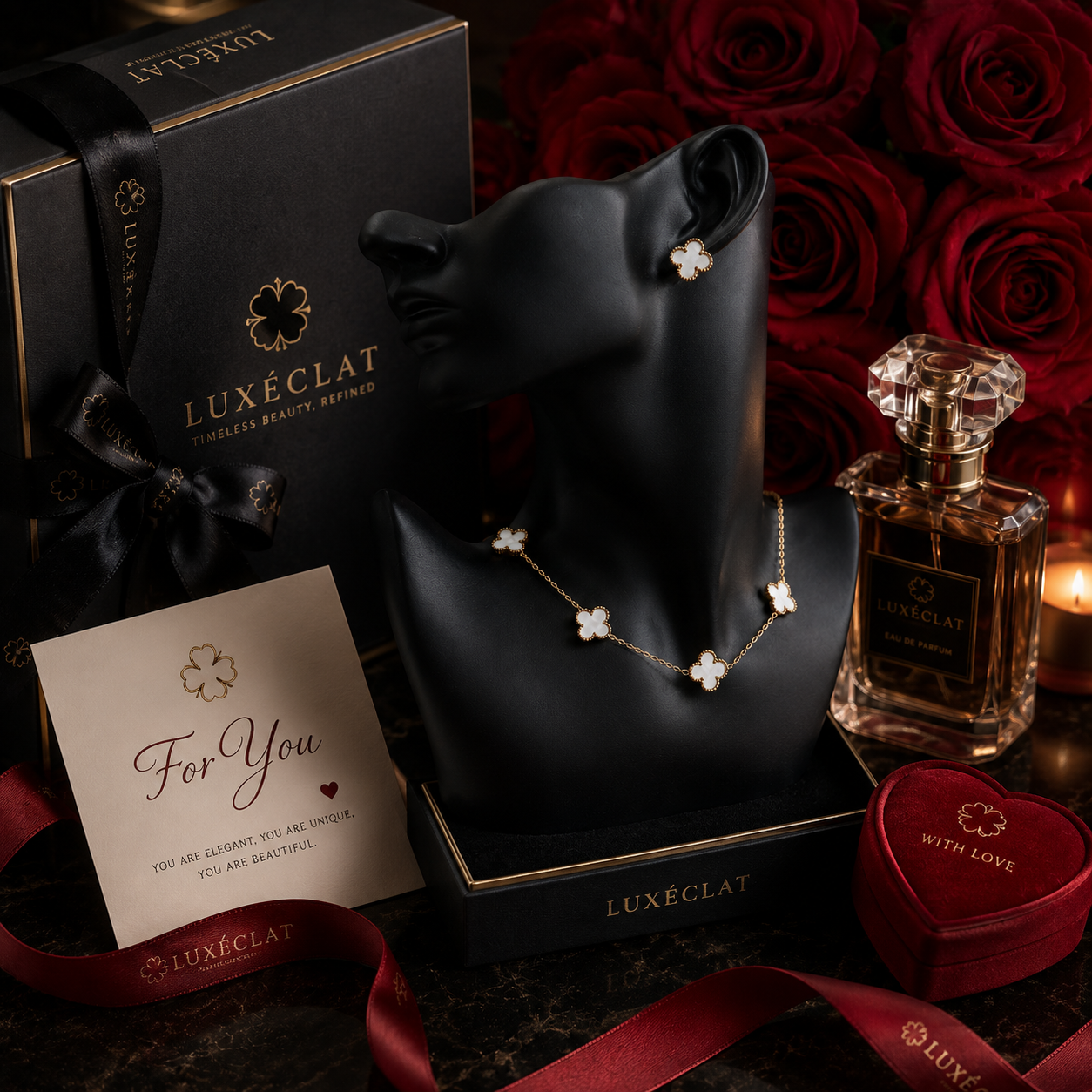💎 Clover Luxury Jewelry Set – Gold Plated Necklace & Earrings Set for Women | Elegant Gift Collection
