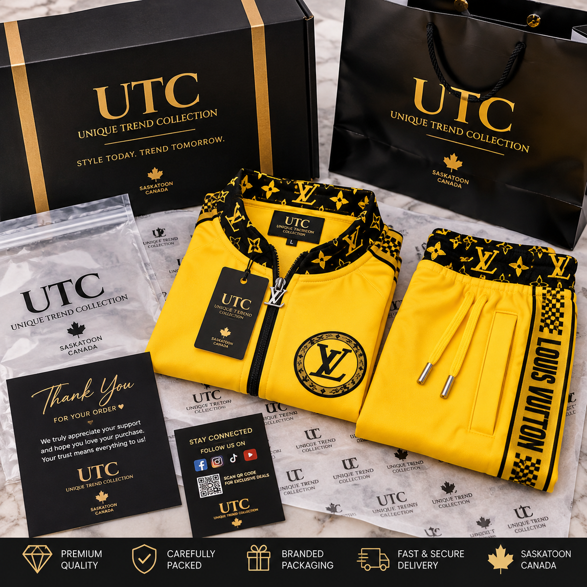 Louis Vuitton Logo Yellow & Black 2-Piece Tracksuit | Zip Jacket & Joggers