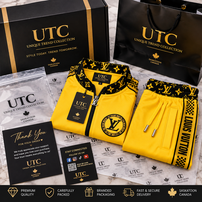 Louis Vuitton Logo Yellow & Black 2-Piece Tracksuit | Zip Jacket & Joggers