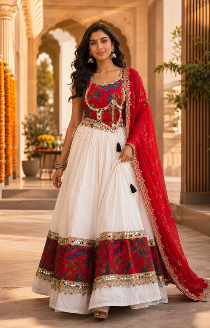 Women’s Red & White Navratri Lehenga Choli Set with Red Dupatta – 3 Piece