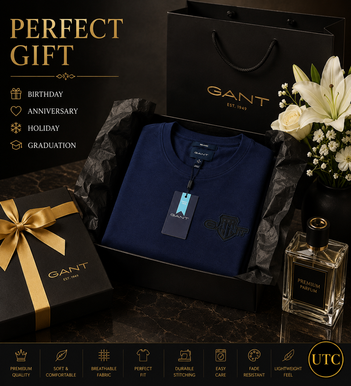 💙✨ GANT Men's Premium Navy Long Sleeve T-Shirt 👕 | 100% Soft Cotton Crew Neck | Luxury Casual Everyday Wear