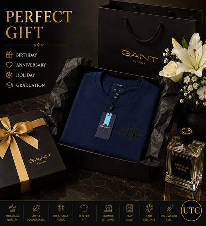 💙✨ GANT Men's Premium Navy Long Sleeve T-Shirt 👕 | 100% Soft Cotton Crew Neck | Luxury Casual Everyday Wear