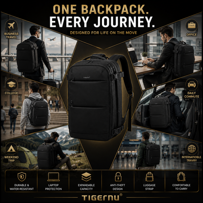 Tigernu Waterproof Vacuum Compression Laptop Backpack | Built-in Electric Vacuum Compression | Expandable 27L–37L | Anti-Theft | USB Charging | Fits 17" Laptop