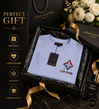 🩵 Louis Vuitton Men's Premium Sky Blue Logo T-Shirt 👕✨ | Luxury Cotton Crew Neck | 100% Authentic