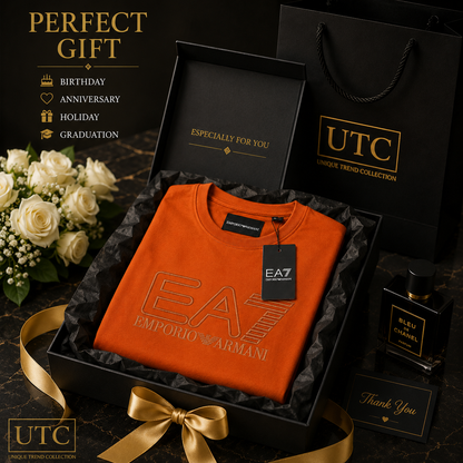 🧡 EA7 Emporio Armani Men's Premium Logo T-Shirt | Orange Cotton Crew Neck