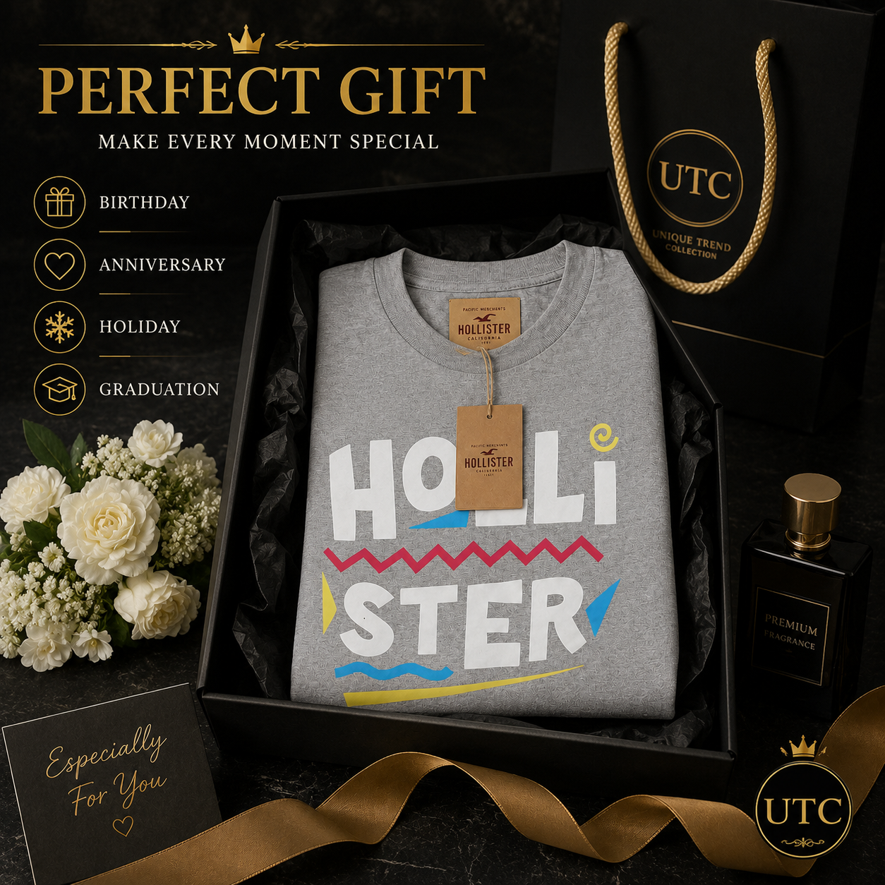 🤍 Hollister Men's Premium Graphic T-Shirt 👕✨ | Soft Cotton Crew Neck | Casual Everyday Style | 100% Authentic