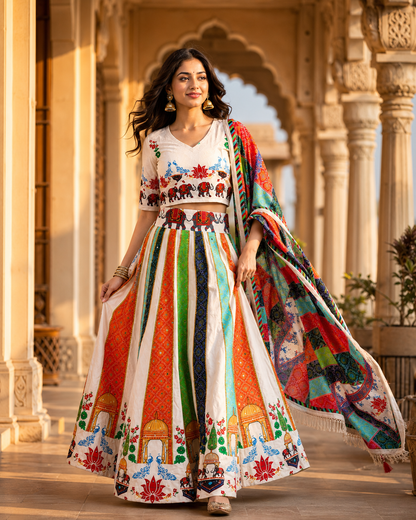 Women’s White Multicolour Navratri Garba Chaniya Choli Set – 3 Piece