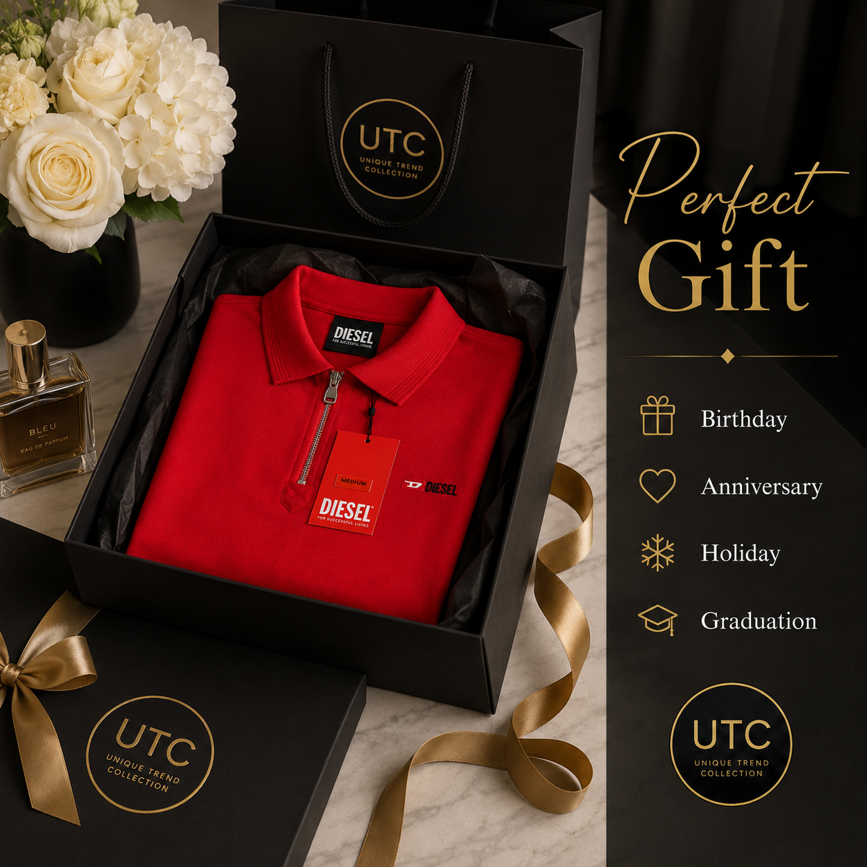 🔥 Diesel Men's Premium Red Quarter-Zip Polo Shirt | Luxury Cotton Casual Golf Polo ❤️👔