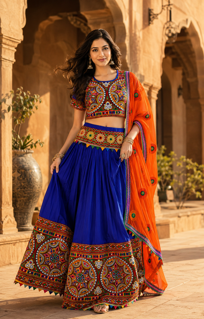 Women’s Royal Blue & Orange Navratri Garba Chaniya Choli Set – 3 Piece