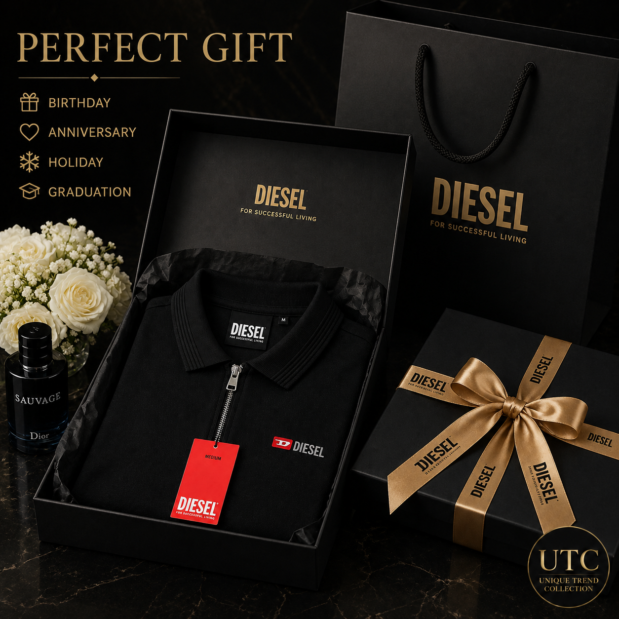 Diesel Men's Premium Black Zip Polo Shirt | Short Sleeve Cotton Polo | Designer Casual Wear