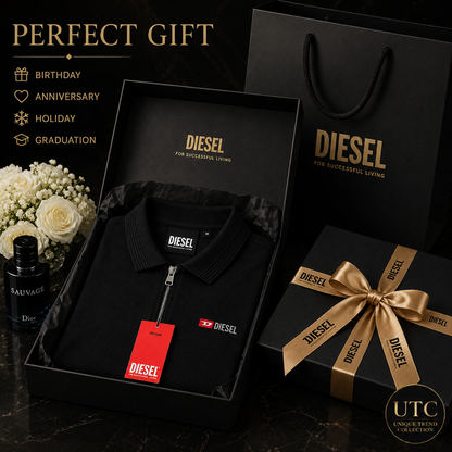 Diesel Men's Premium Black Zip Polo Shirt | Short Sleeve Cotton Polo | Designer Casual Wear