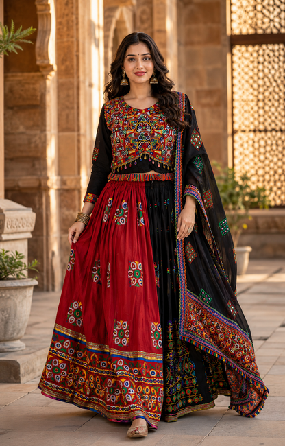 Women’s Red & Black Multicolour Navratri Garba Chaniya Choli Set – 3 Piece