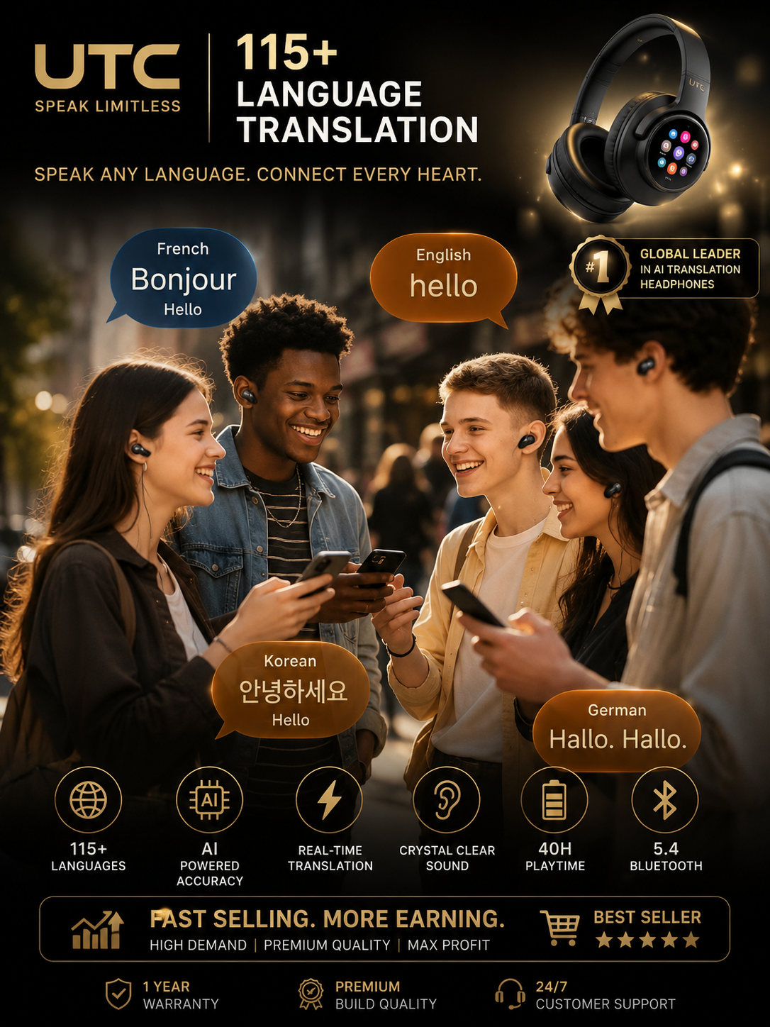 🎧 X1 Pro V6.0 AI Translator Headset  Wireless ANC Over-Ear | Premium Metal & Leather Design