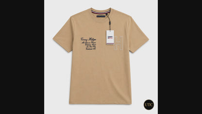 Tommy Hilfiger Men's Premium Camel Crew Neck T-Shirt | Short Sleeve Cotton Designer Tee