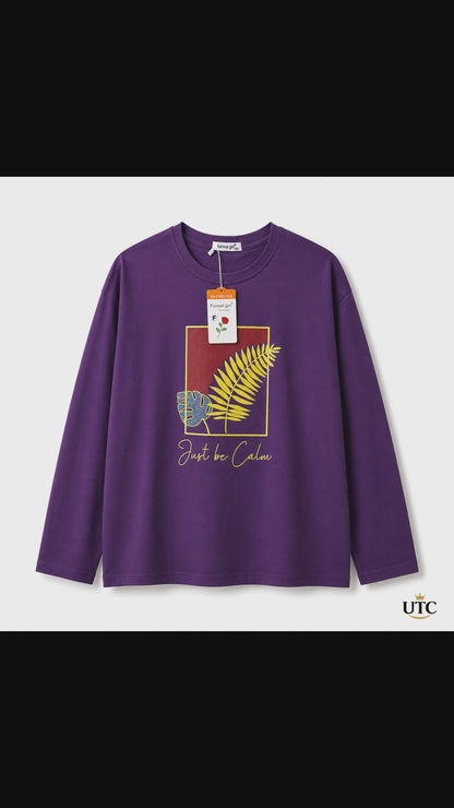 Women's Premium Oversized Long Sleeve Graphic Cotton T-Shirt – Purple | Just Be Calm Casual Crew Neck Tee