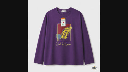 Women's Premium Oversized Long Sleeve Graphic Cotton T-Shirt – Purple | Just Be Calm Casual Crew Neck Tee
