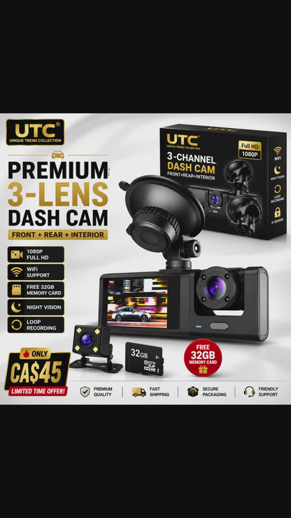 4G WiFi GPS 3-Channel Dash Cam | Front + Cabin + Rear | FREE 32GB Memory Card | Full HD 1080P
