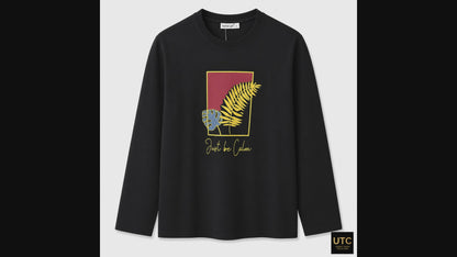 Women’s Premium Black “Just Be Calm” Graphic Long-Sleeve T-Shirt | Botanical Casual Top