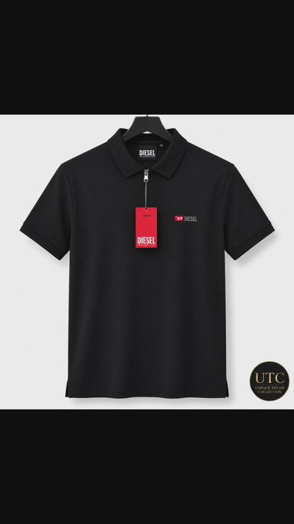 Diesel Men's Premium Black Zip Polo Shirt | Short Sleeve Cotton Polo | Designer Casual Wear