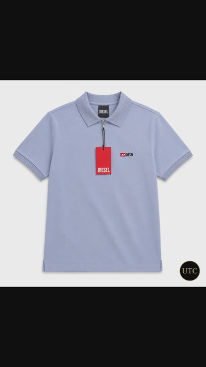 Diesel Men's Premium Light Blue Zip Polo Shirt | Soft Cotton Short Sleeve Casual Polo