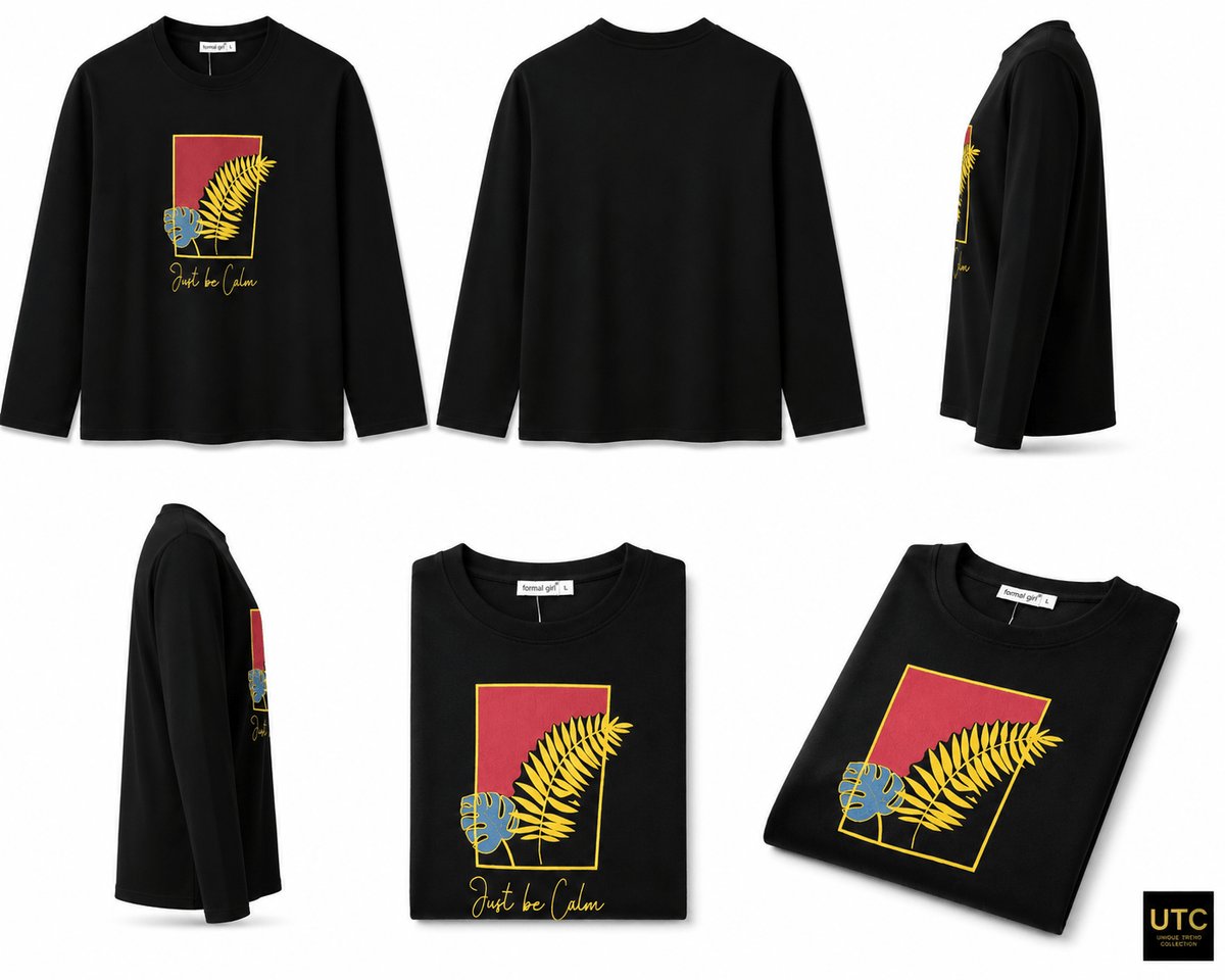 Unique Trend Collection women's black long-sleeve t-shirt with Just Be Calm botanical graphic in gold and burgundy