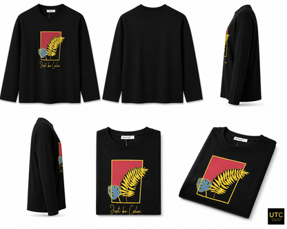 Unique Trend Collection women's black long-sleeve t-shirt with Just Be Calm botanical graphic in gold and burgundy
