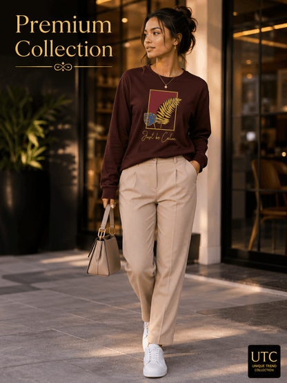 Unique Trend Collection oversized chocolate brown long sleeve graphic t-shirt with botanical print and Just be Calm text