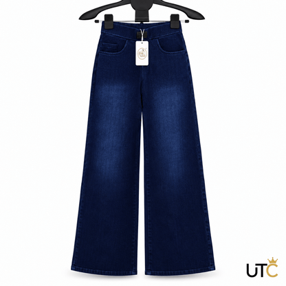 Unique Trend Collection GREY RABBIT dark blue high-waist wide-leg denim jeans hanging on a black hanger