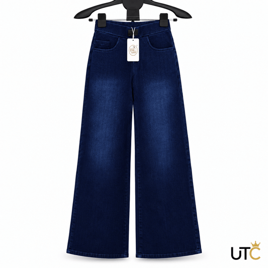 Unique Trend Collection GREY RABBIT dark blue high-waist wide-leg denim jeans hanging on a black hanger